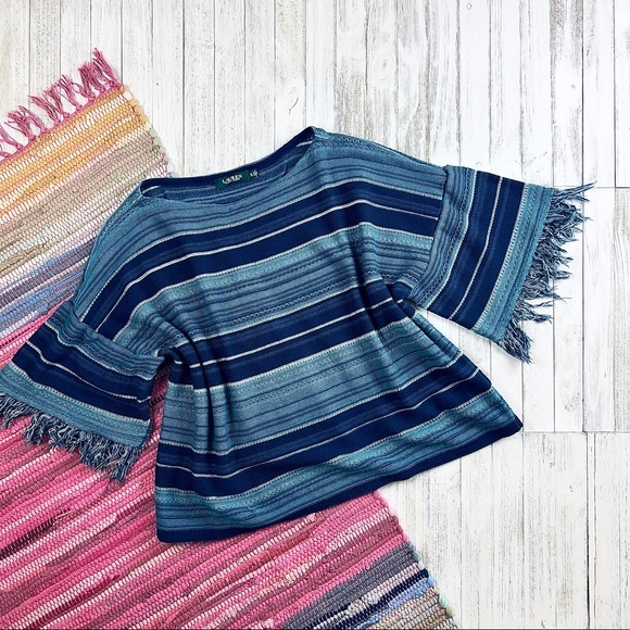 Lauren RL Striped Serape Fringed Short Sleeve Sweater - Picture 14 of 14